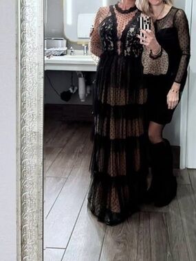 Black Sheer Polka Dot Tiered Maxi Dress